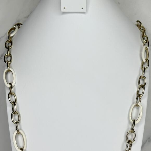 Gold Tone and White Long Chain Link Necklace - Picture 5 of 12